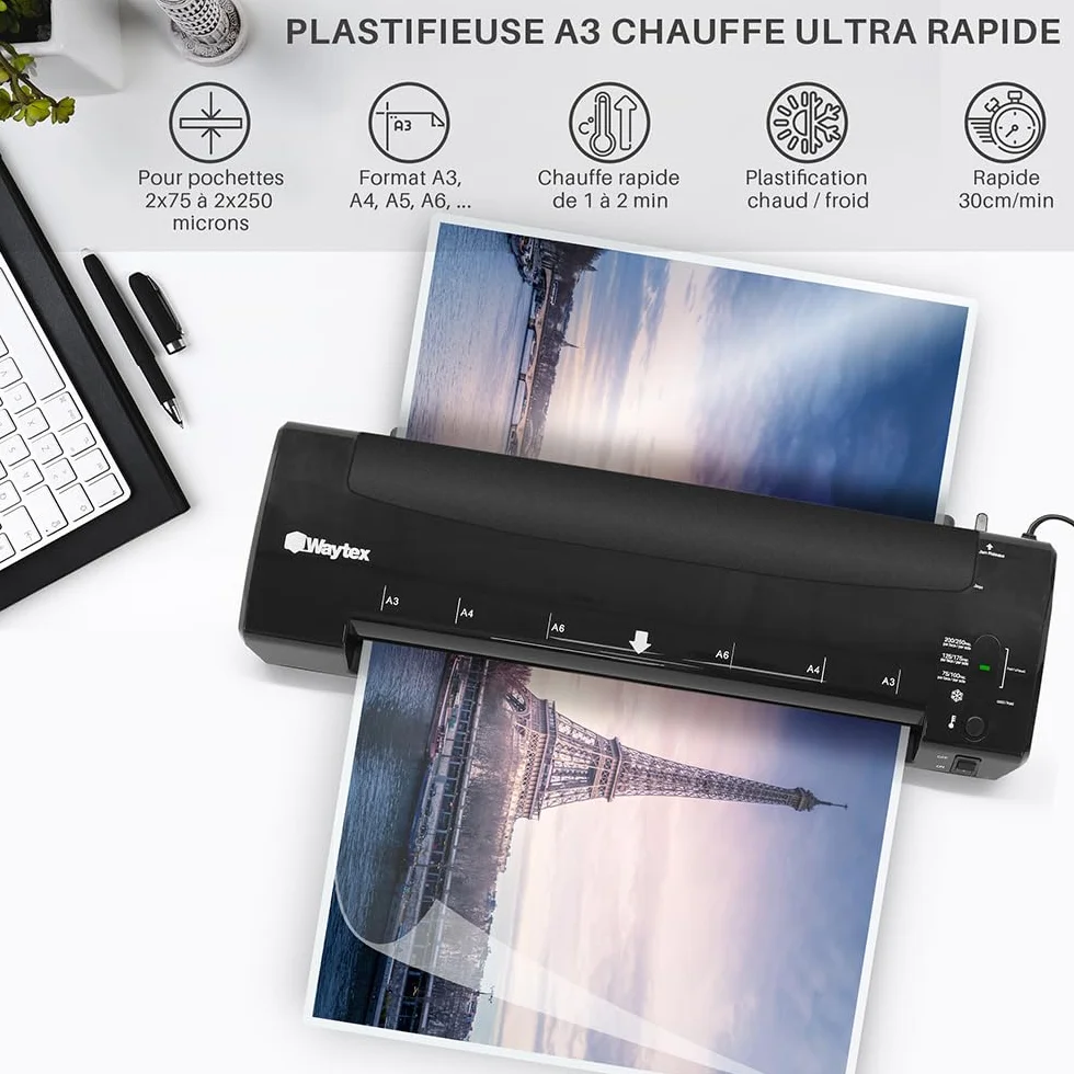 Waytex 78208 Plastificatrice A3 A4 A5 A6 Pro Ultra Rapida Plastificazione a Caldo e a Freddo fino a 2 x 250 micron con Temperatura Regolabile + 1 Tagliatrice e 1 Angolo