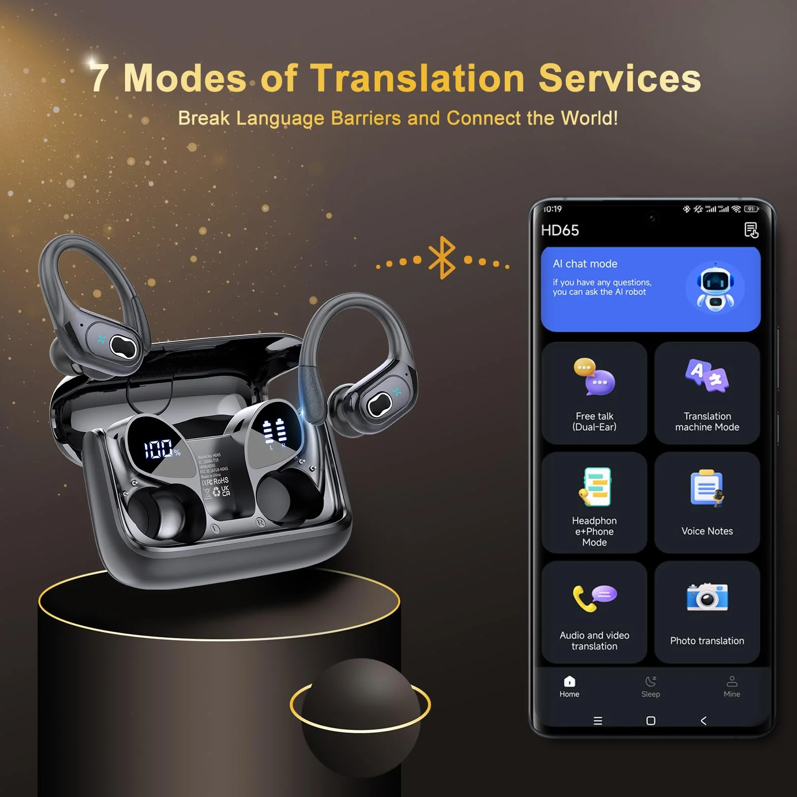 Cuffie Traduzione AI, Bluetooth 5.4 Traduttore Simultaneo Vocale in 164 lingue, 75 Ore Auricolari Traduttori Istantanei con 6 modalità di traduzione, Auricolare Design Aggancio all'Orecchio, Nero
