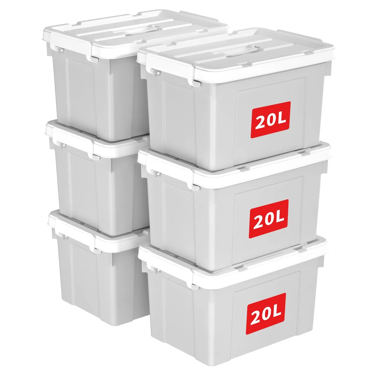 Cetomo 20L*6 Scatole di Stoccaggio in Plastica, Scatole Portaoggetti con Coperchio, Organizzatore con Manico, Contenitori per Casa e Ufficio, Impilabile, Resistente, Grigio, 20L - Confezione da 6