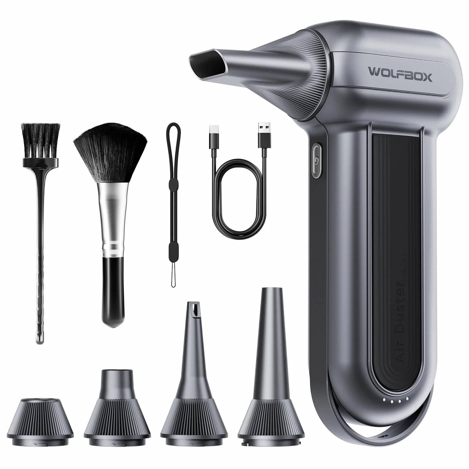 WOLFBOX MF100 Soffiatore d'Aria Elettrico - 150000 RPM, Senza Fili, Motore Brushless Ricaricabile, 3 Marce Regolabili per Computer, Tastiera, Casa e Auto