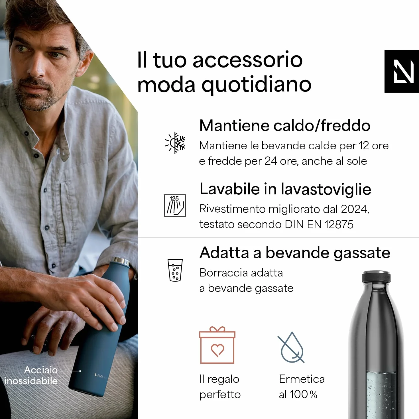 LARS NYSØM Borraccia Termica 1500ml Acciaio Inox Bottiglia Isolata 1.5 Litro Sport Bicicletta