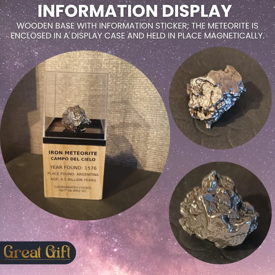 Campo del Cielo Meteorite – Meteorite di ferro su display in legno – Trovato nel 1576 – 4,5 miliardi di anni – Regalo per collezionisti e appassionati di spazio