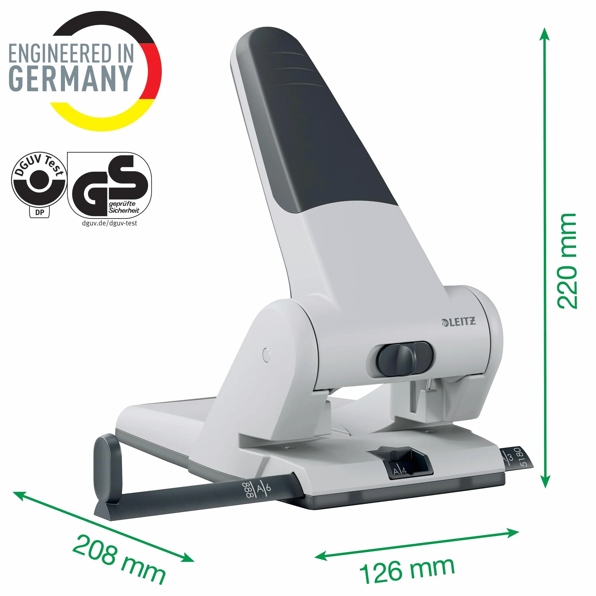 Leitz, Perforatore a 2 fori per casa e ufficio pratica e robusta con impugnatura antiscivolo, Fora fino a 65 fogli, Bucatrice da tavolo e scrivania con cassetto di raccolta inferiore, Nero, 51800095