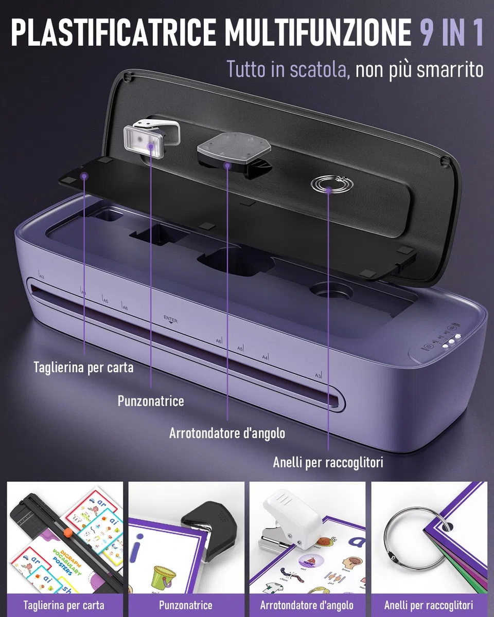 Plastificatrice A3 con 30 Foglio di Laminazione, Caldo e Freddo Plastificatore per A3 A4 A5 A6, 9 in 1 Macchina Plastificatrice con Taglierina e Arrotondatore per Scuola, Ufficio, Casa