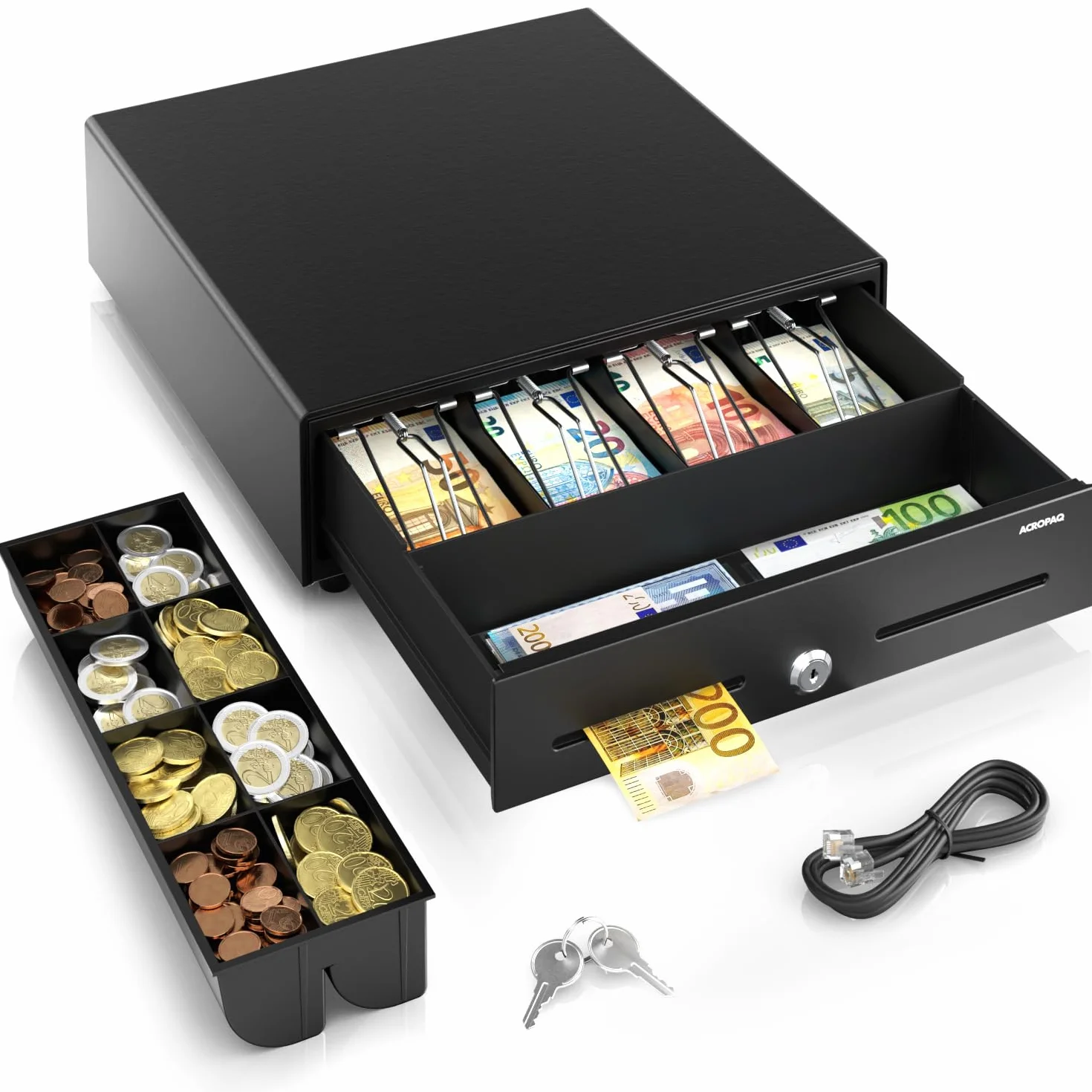 ACROPAQ Cassetto cassa - Compatibile con registratore cassa RJ11, 4 scomparti monete e 8 banconote, (34 x 33 x 10 cm) Corpo in metallo robusto - Cassetto cassa registratore