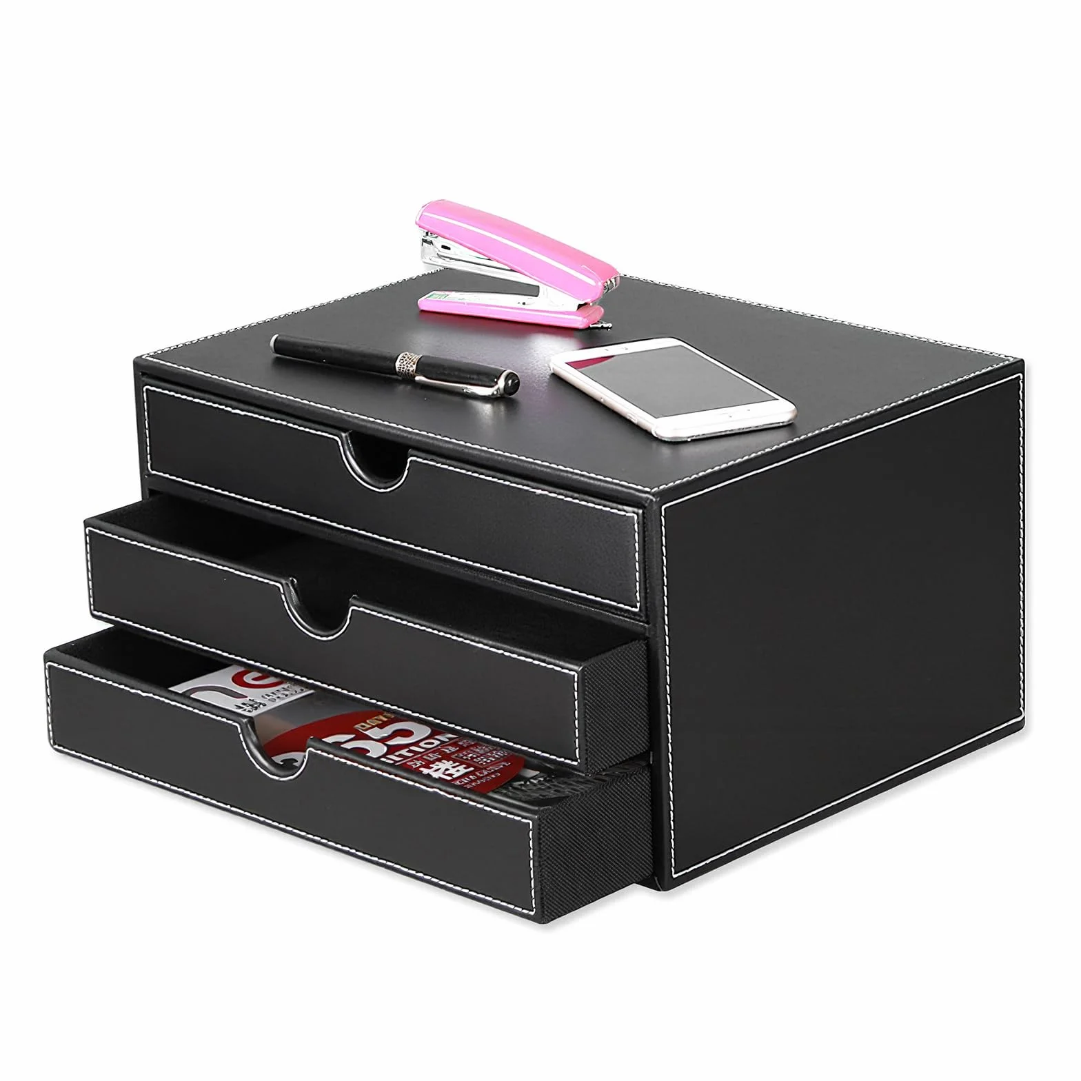 Cassettiera da scrivania in pelle con 3 cassetti A4, in pelle PU, organizer da scrivania per ufficio, per documenti e materiali da ufficio, gioielli, colore nero