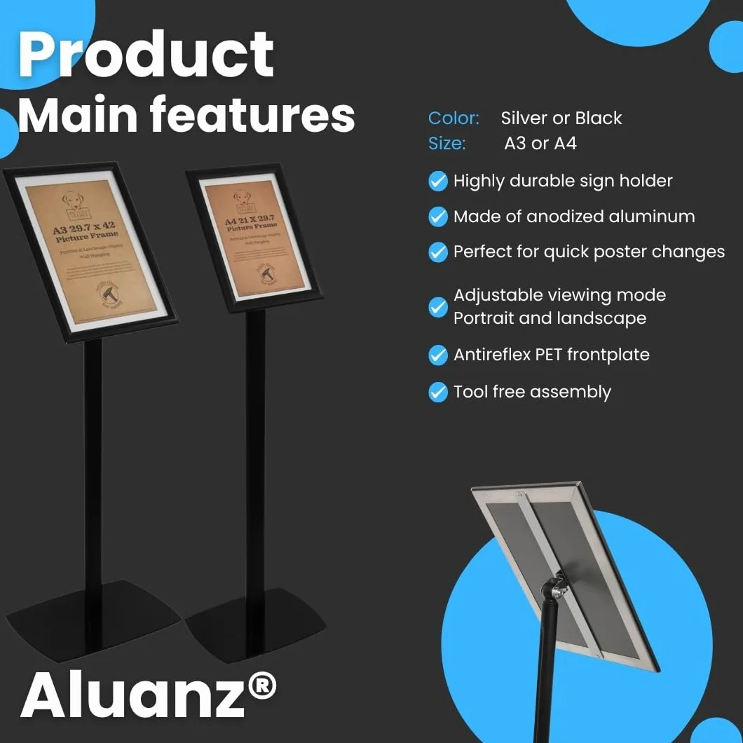 Supporto Informativo Nero - Espositore A3, Piantana in Alluminio, Supporto Girevole per Presentazioni, Porta Poster Verticale e Orizzontale, Porta Manifesti - 420 x 297 mm