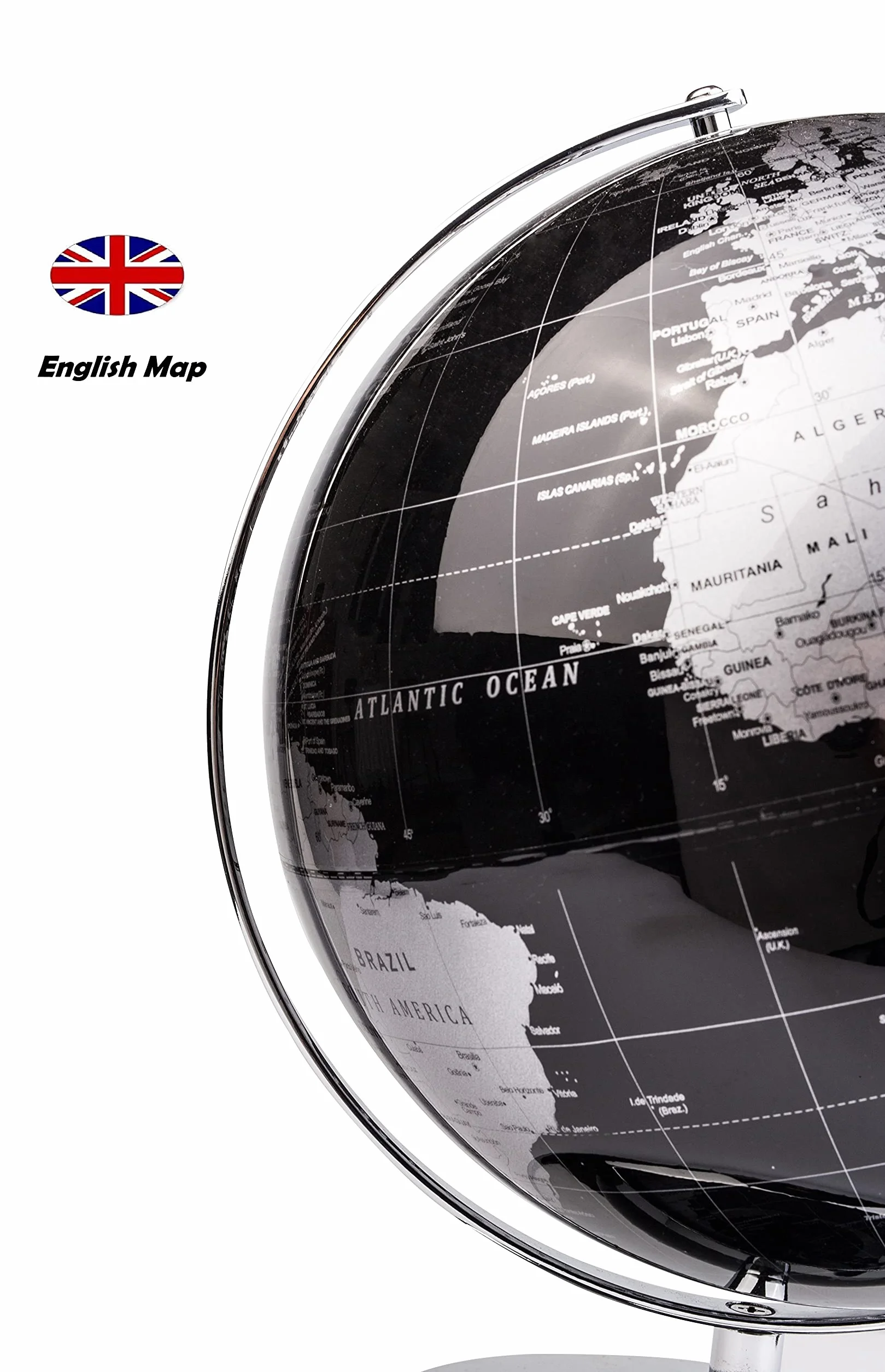 Exerz 30cm Mappamondo - Mappa Inglese - Con Base In Metallo Globo Della Scuola Decorazione/Educazione/Geografica/Moderna - Diametro 30cm Nero Metallizzato
