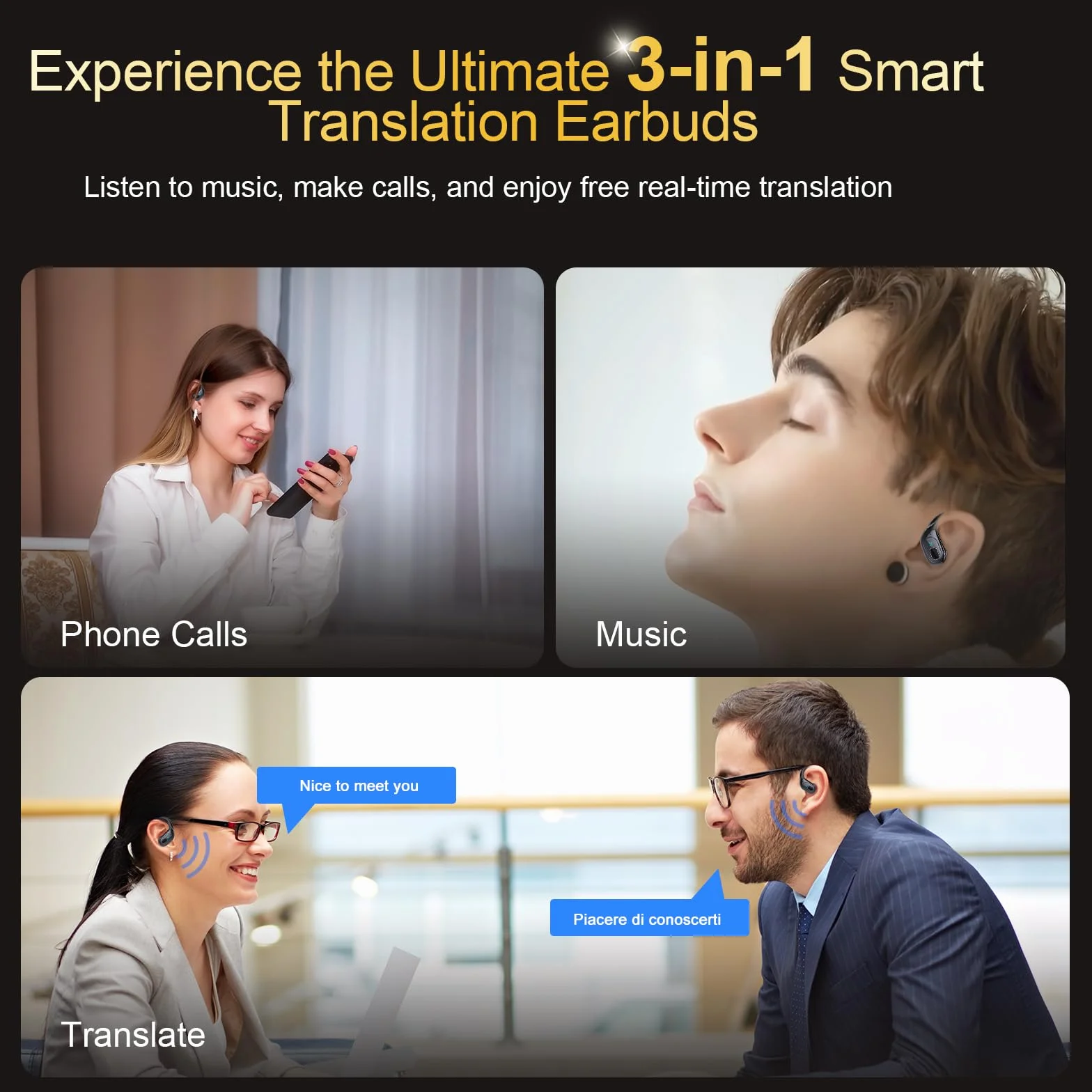 Cuffie Traduzione AI, Bluetooth 5.4 Traduttore Simultaneo Vocale in 164 lingue, 75 Ore Auricolari Traduttori Istantanei con 6 modalità di traduzione, Auricolare Design Aggancio all'Orecchio, Nero