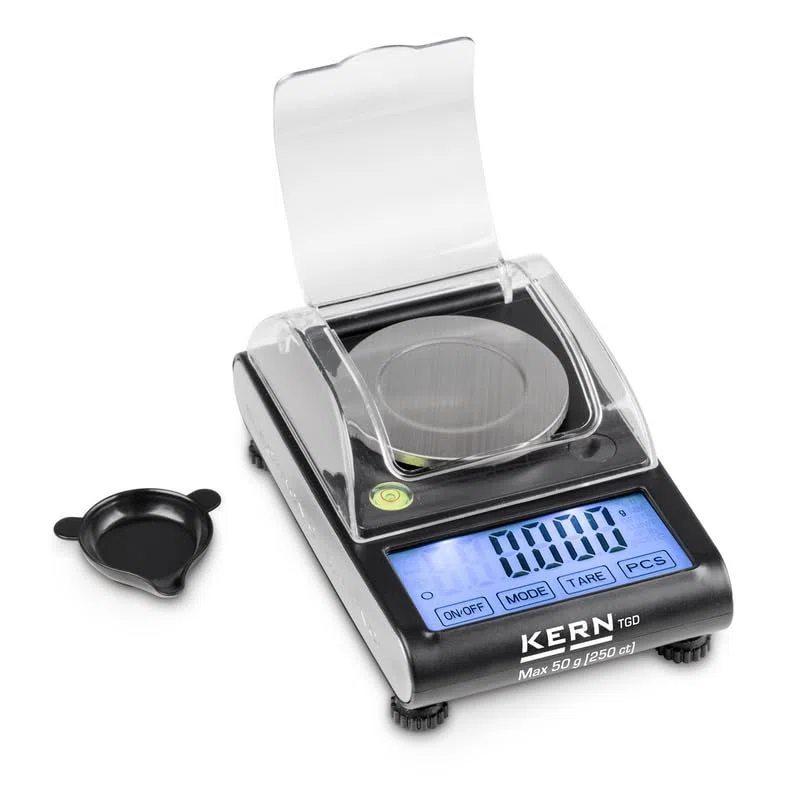 Kern TGD 50-3C - Bilancia tascabile da 50 g/1 mg, precisione fino a 50 g, precisione 0,001 g, 250 ct, display touch, piastra di pesata in acciaio inox, con coperchio ribaltabile, USB e funzionamento a