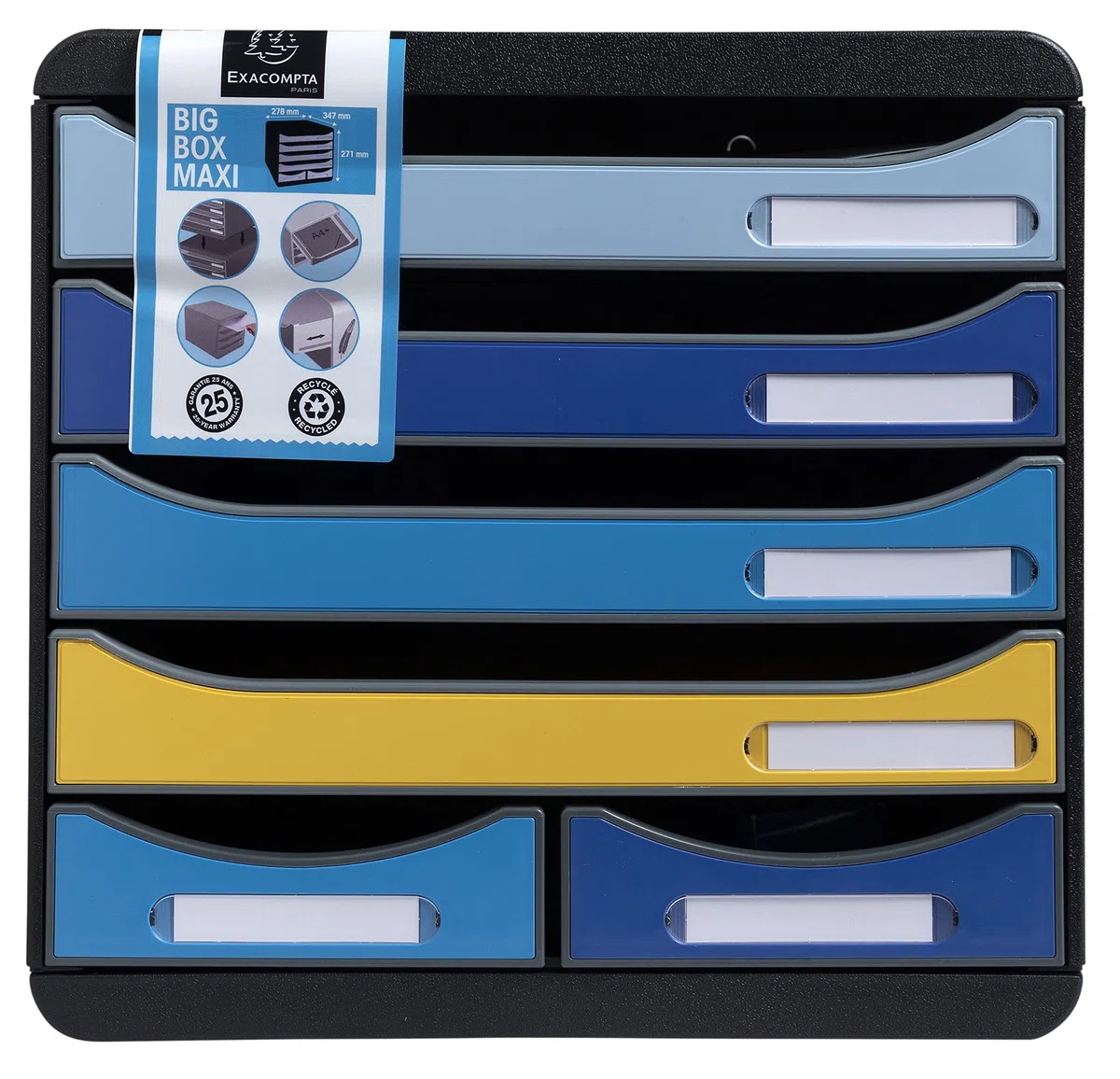 Exacompta - Rif. 3124202D - BIG-BOX MAXI - 1 Cassetto 4 cassetti per documento A4+ e 2 cassetti piccoli per utensili - Dimensioni esterne: P 34,7 x 27,8 x H 27,1 cm - BeeBlue