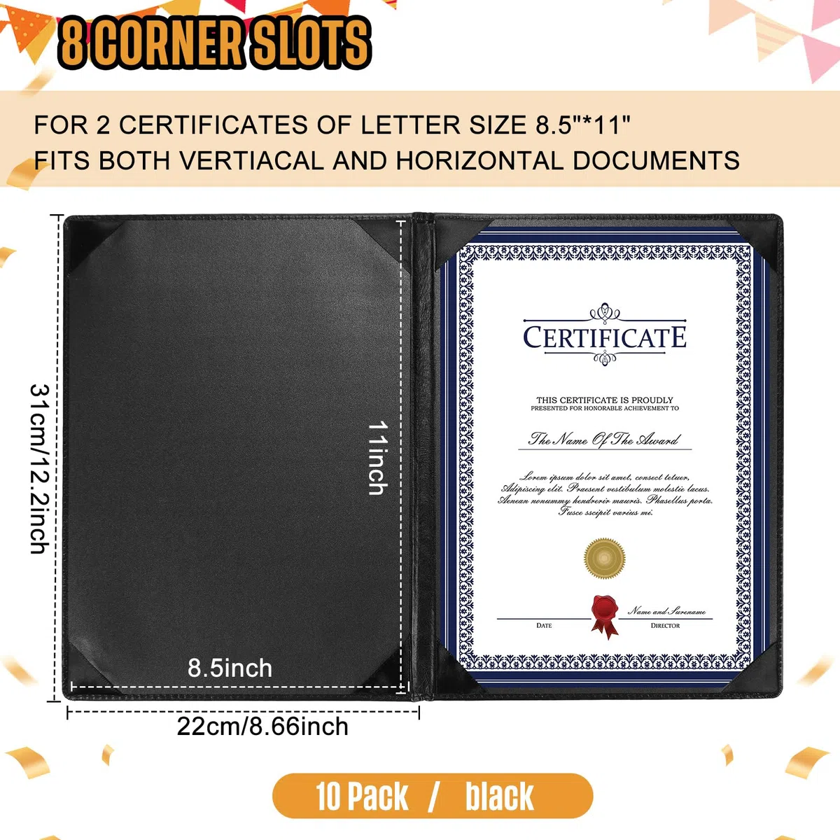 Tenare 10 porta diploma in pelle per certificati, 21,9 x 28,9 cm, per premi in formato lettera, in poliuretano, lisci, per certificati neri, per menu di laurea