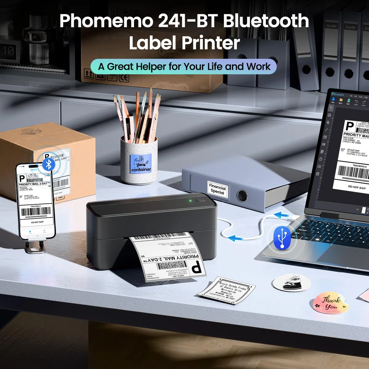 Phomemo Stampante Termica Etichette Bluetooth, Stampante Etichette Spedizione 4x6, Stampante Etichette Adesive DHL per PC/Phone/Mac, Compatibile con DHL, UPS, Ebay, Shopify, Amazon - Nero