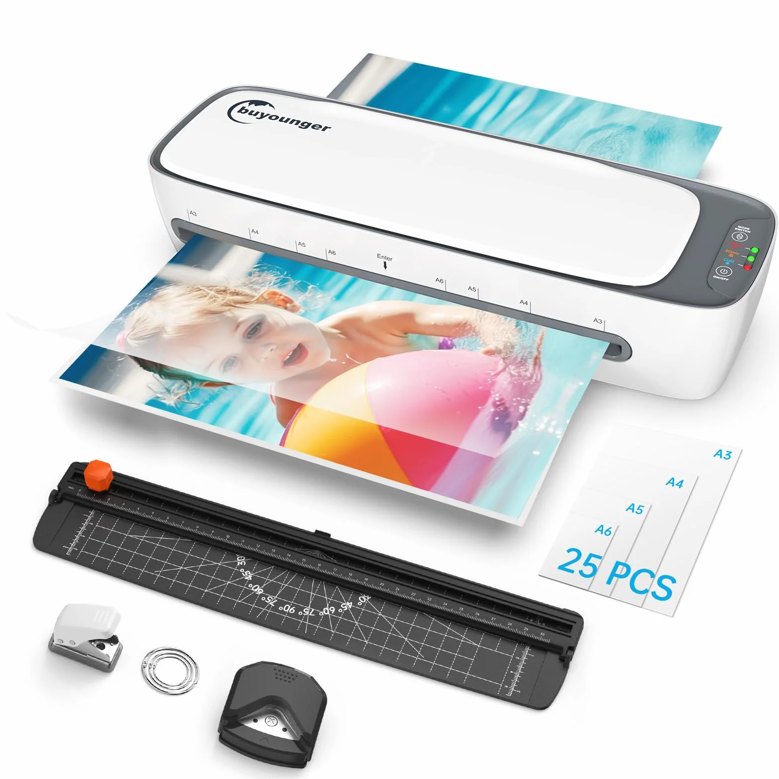 Plastificatrice,Plastificatrice A3 A4 A5 A6,Laminatrice a Freddo e Caldo con 25 Buste, Rilascio Inceppamento in ABS, 1 Taglierino, 1 Arrotondatore per angoli per Scuola, Casa, Ufficio, Documenti, Foto