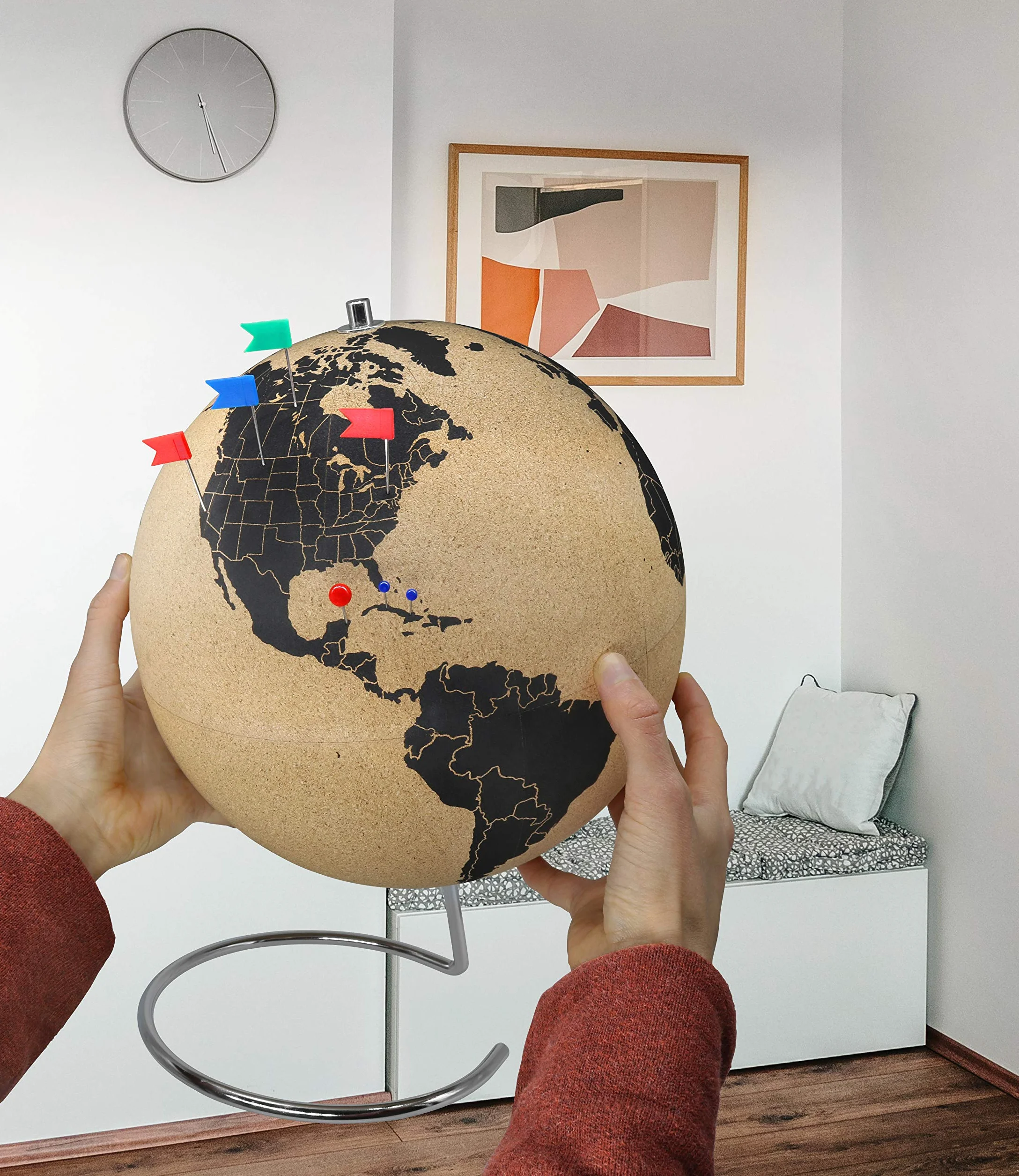 Grande mappamondo in sughero alto 33 cm con 54 spilli diversi - Mappamondo girevole in sughero - Mappamondo come idea regalo per giramondo