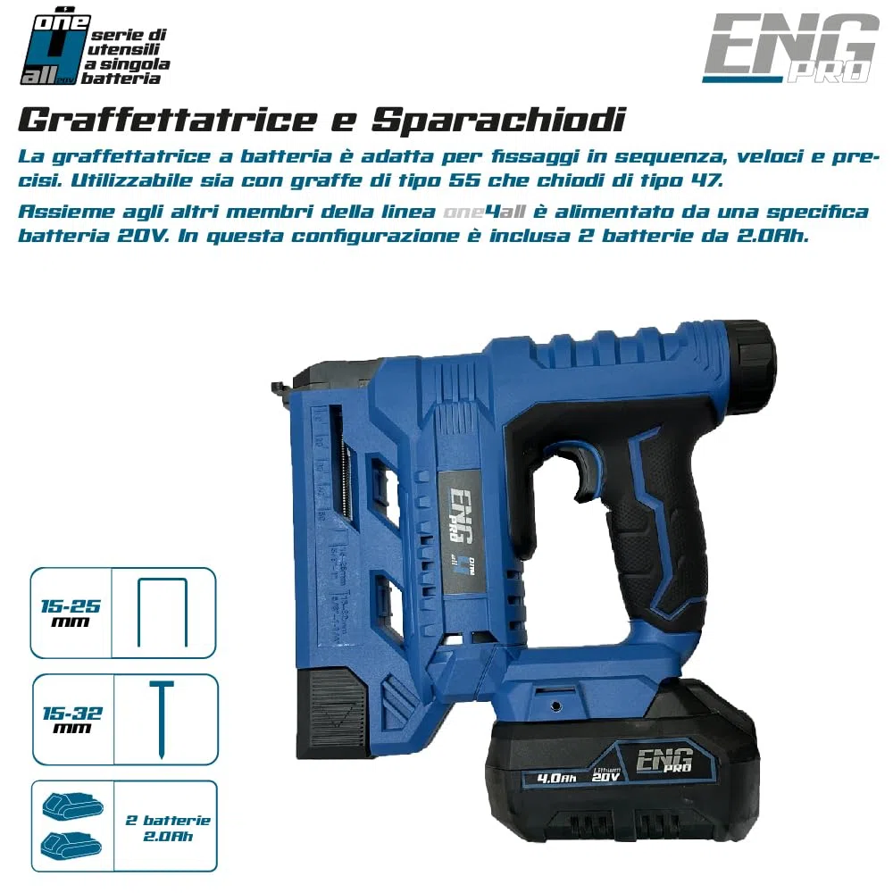 Graffettatrice e Sparachiodi 2-in-1 | Linea Professionale ONE4ALL 20V | 30 Colpi al Minuto, 6 Regolazioni di Pressione | Sicurezza Ergonomica, Luce LED | 2 Batterie 2.0 Ah