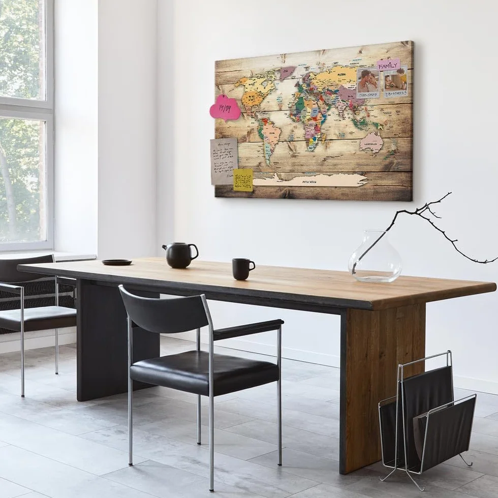 murando - Pannello di Fibra con Puntine - Mappamondo 120x80 cm 1 Pezzo - Bacheca & Quadro su tela in un uno - Decorativo per Parete - Lavagna Grande per le Note Ufficio - Planisfero k-C-0077-v-a