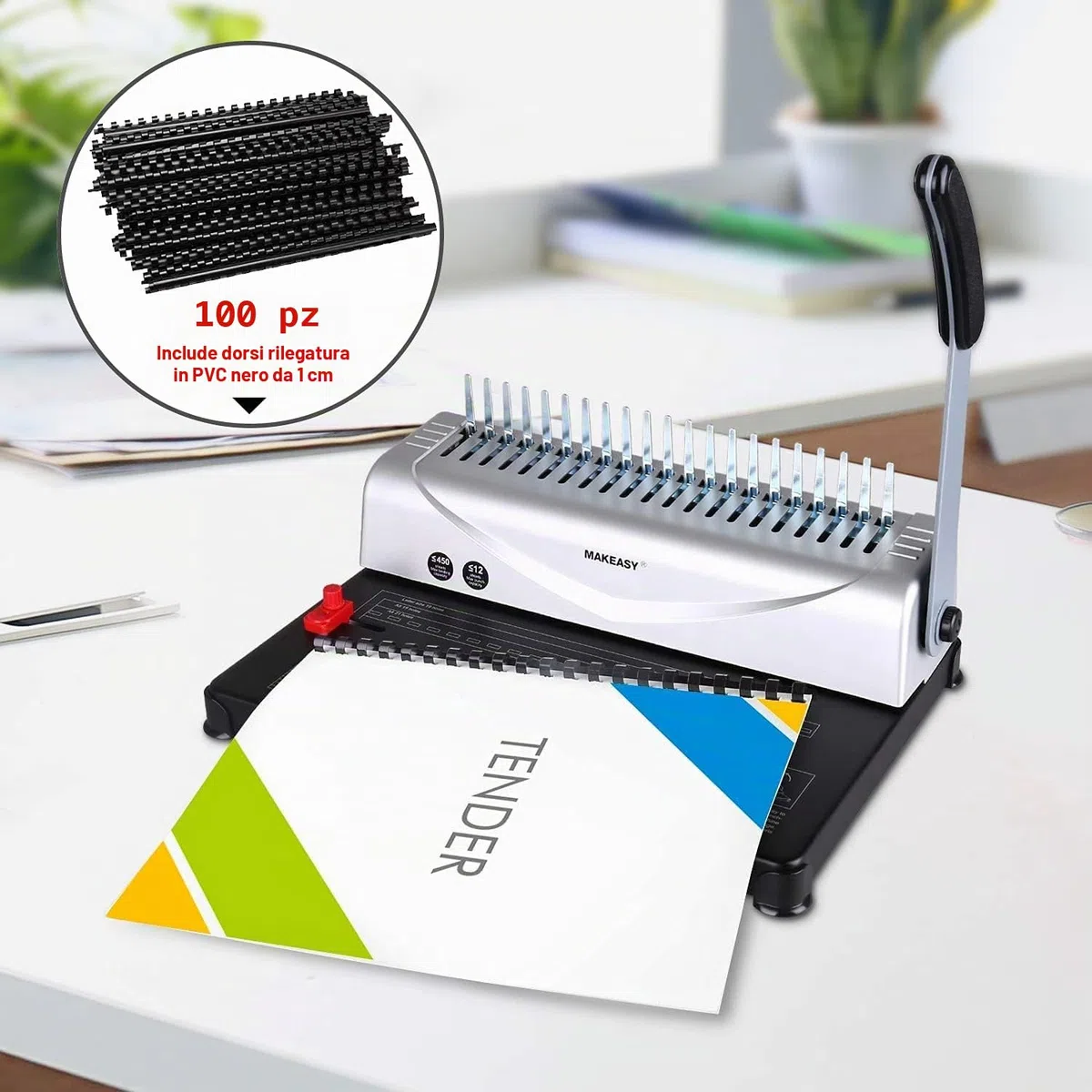 Makeasy Rilegatrice Metallica a 21 Fori, Rilegatrice Professionale Fino a 450 Fogli con 100 Pezzi 3/8" PVC Rilegatura a Pettine per Uso Domestico Ufficio Liberi Professionisti