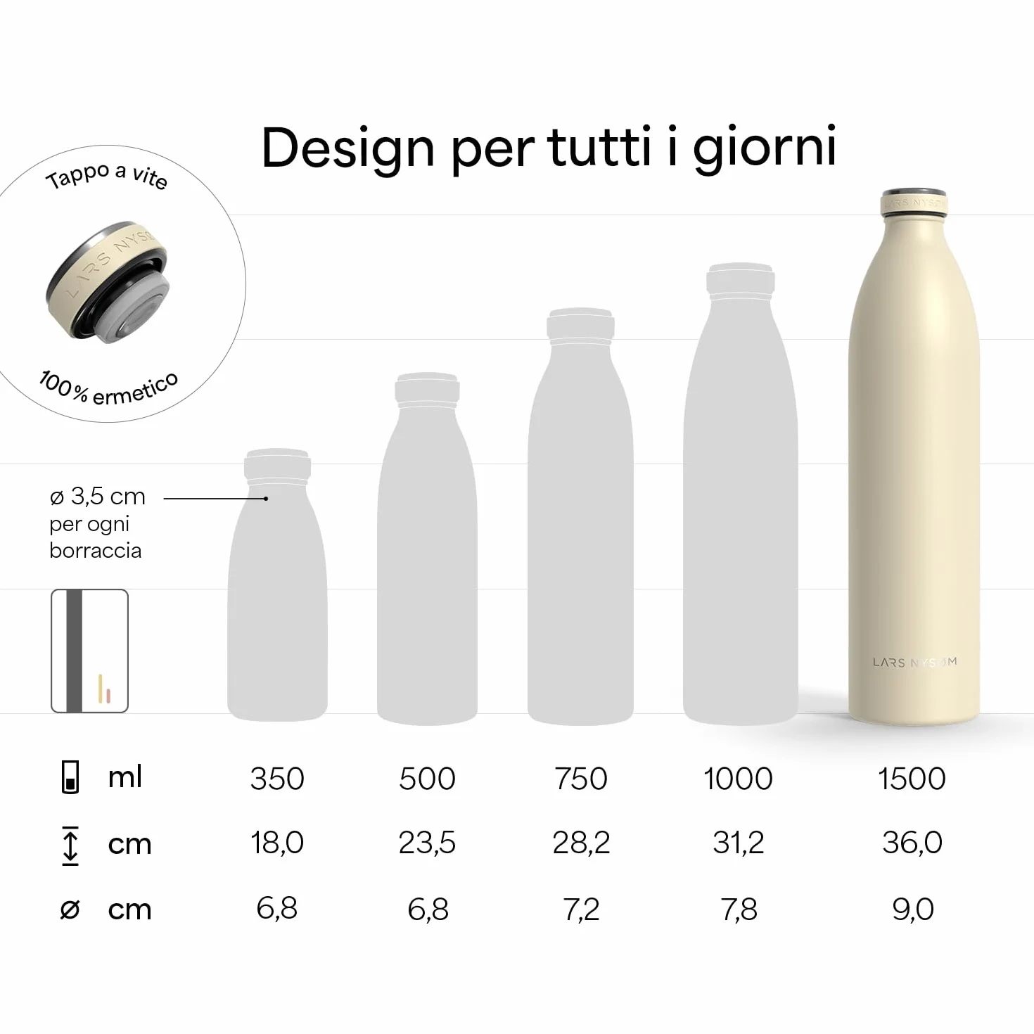 LARS NYSØM Borraccia Termica 1500ml Acciaio Inox Bottiglia Isolata 1.5 Litro Sport Bicicletta