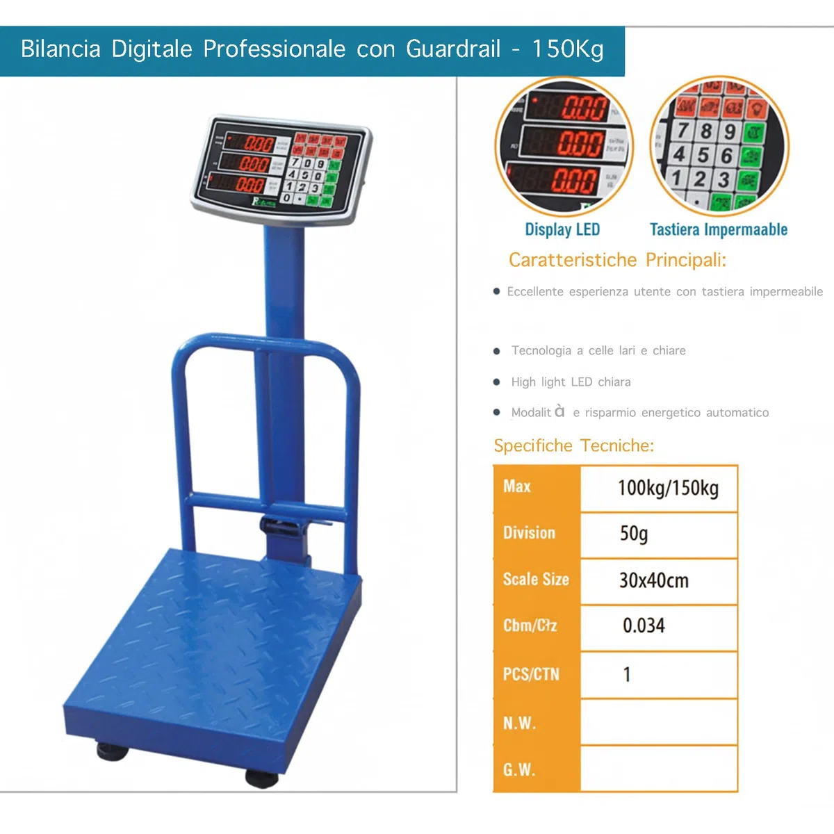 Voltix Bilancia Digitale Elettronica Professionale 150 Kg con Display LCD Retroilluminato, Bilancia Industriale Ricaricabile per Negozio, Casa, Azienda e Attività Ambulante - Alta Precisione e Facile