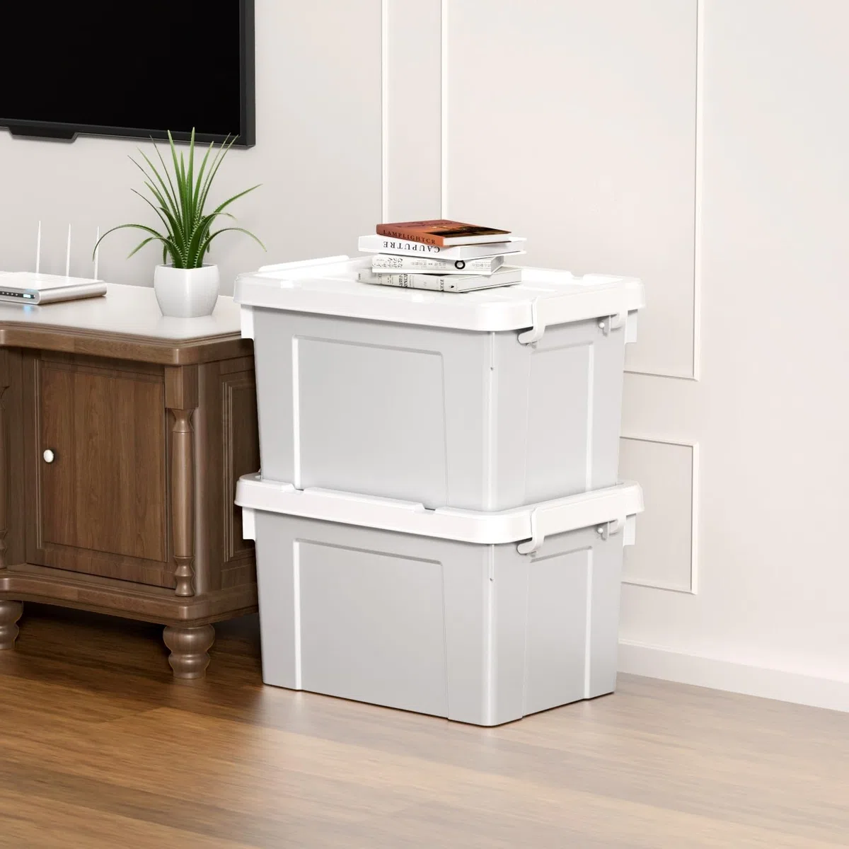 Cetomo 20L*6 Scatole di Stoccaggio in Plastica, Scatole Portaoggetti con Coperchio, Organizzatore con Manico, Contenitori per Casa e Ufficio, Impilabile, Resistente, Grigio, 20L - Confezione da 6