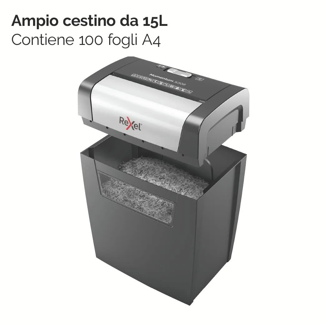 REXEL Momentum X308, Distruggidocumenti Manuale, 9-8 Fogli A4 (70-80 gr/mq), Taglio a Frammento, Livello di sicurezza P-3, per Uso Personale/Home Office, Capacità 15 Litri, 2104570EU