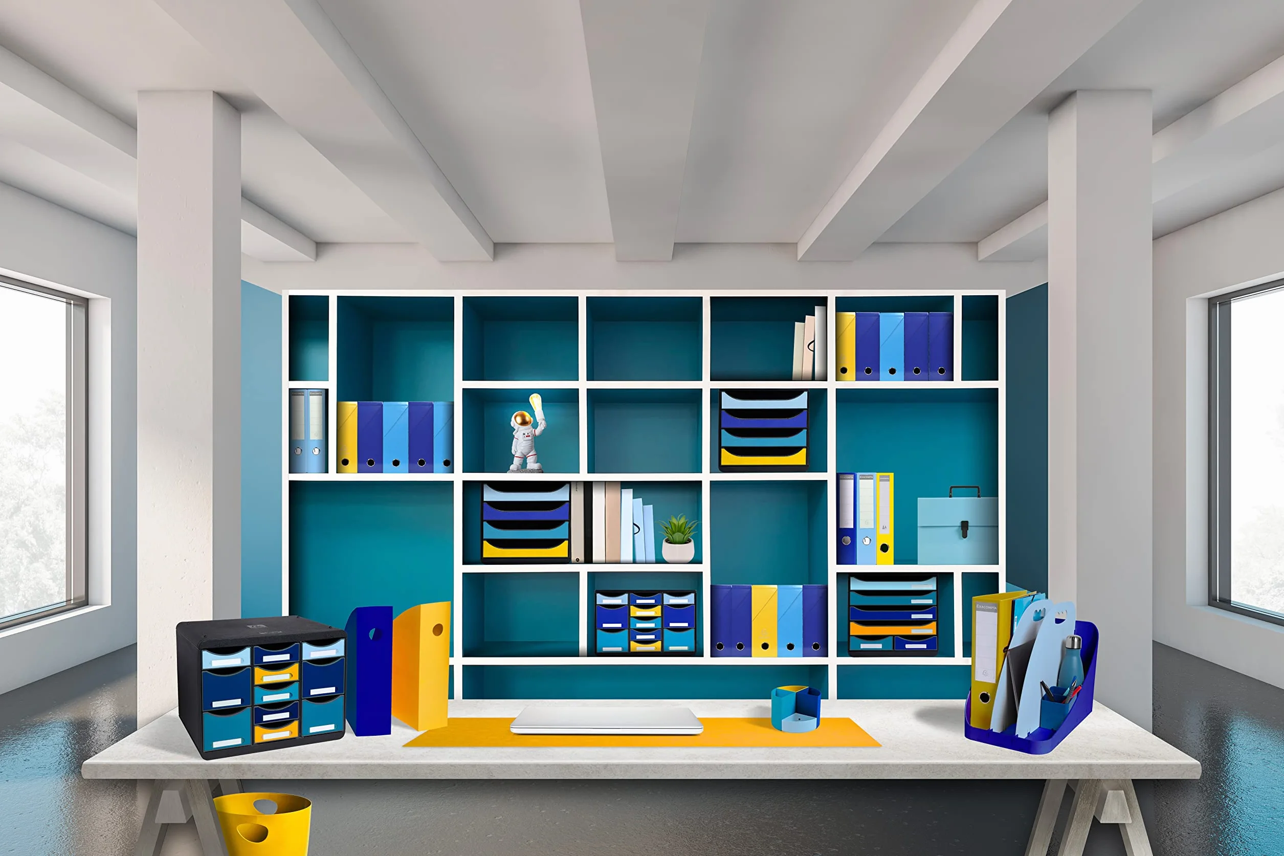 Exacompta - Rif. 3124202D - BIG-BOX MAXI - 1 Cassetto 4 cassetti per documento A4+ e 2 cassetti piccoli per utensili - Dimensioni esterne: P 34,7 x 27,8 x H 27,1 cm - BeeBlue