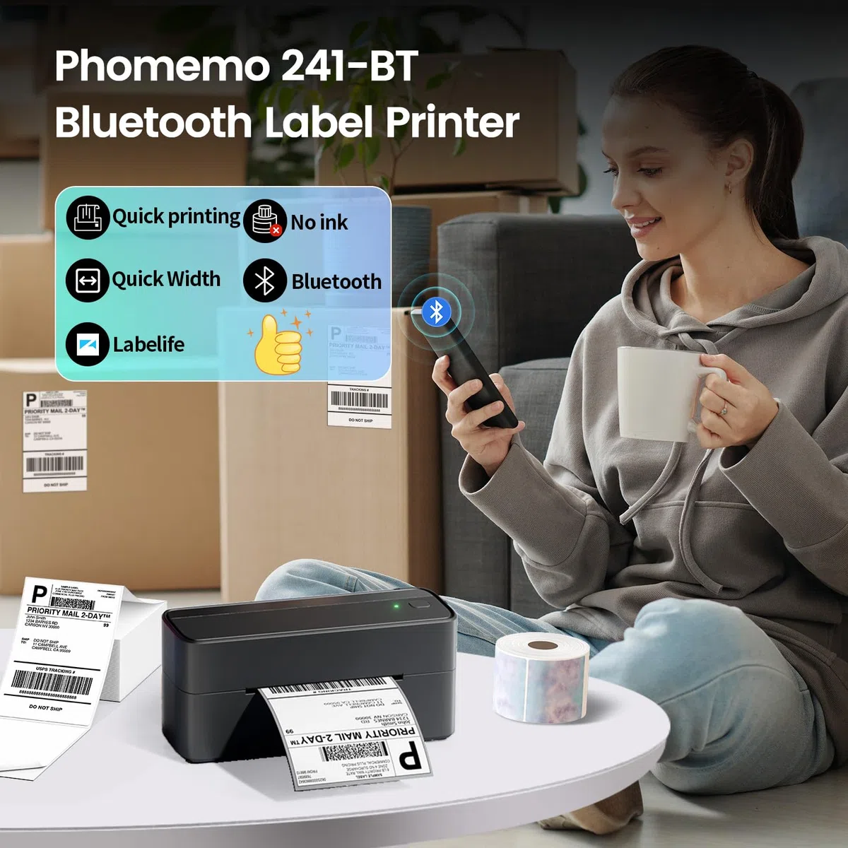 Phomemo Stampante Termica Etichette Bluetooth, Stampante Etichette Spedizione 4x6, Stampante Etichette Adesive DHL per PC/Phone/Mac, Compatibile con DHL, UPS, Ebay, Shopify, Amazon - Nero
