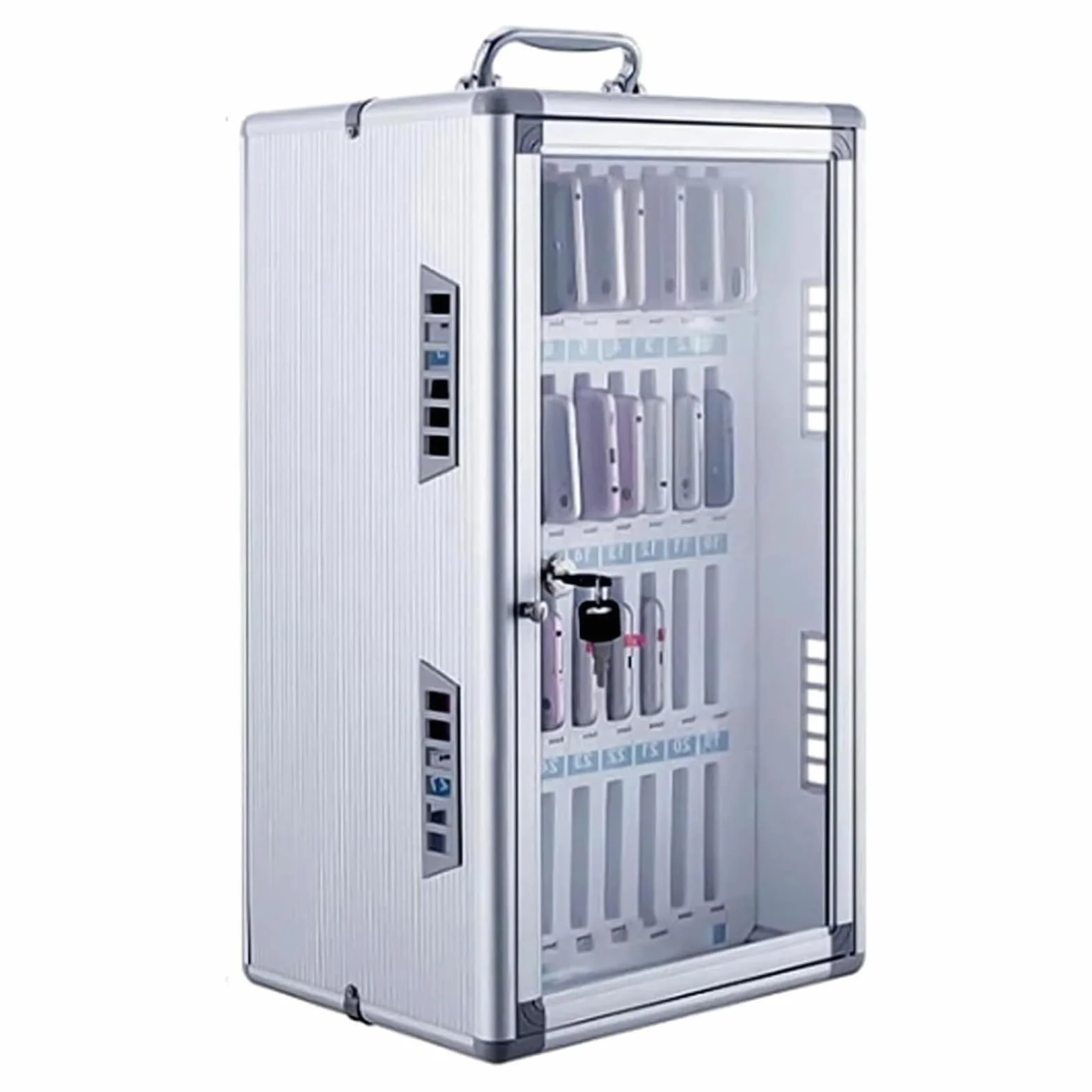 Garage per cellulare con chiavi, 36 scomparti, 315 x 195 x 495 mm, portatile o montato a parete, argento, per scuola e hotel