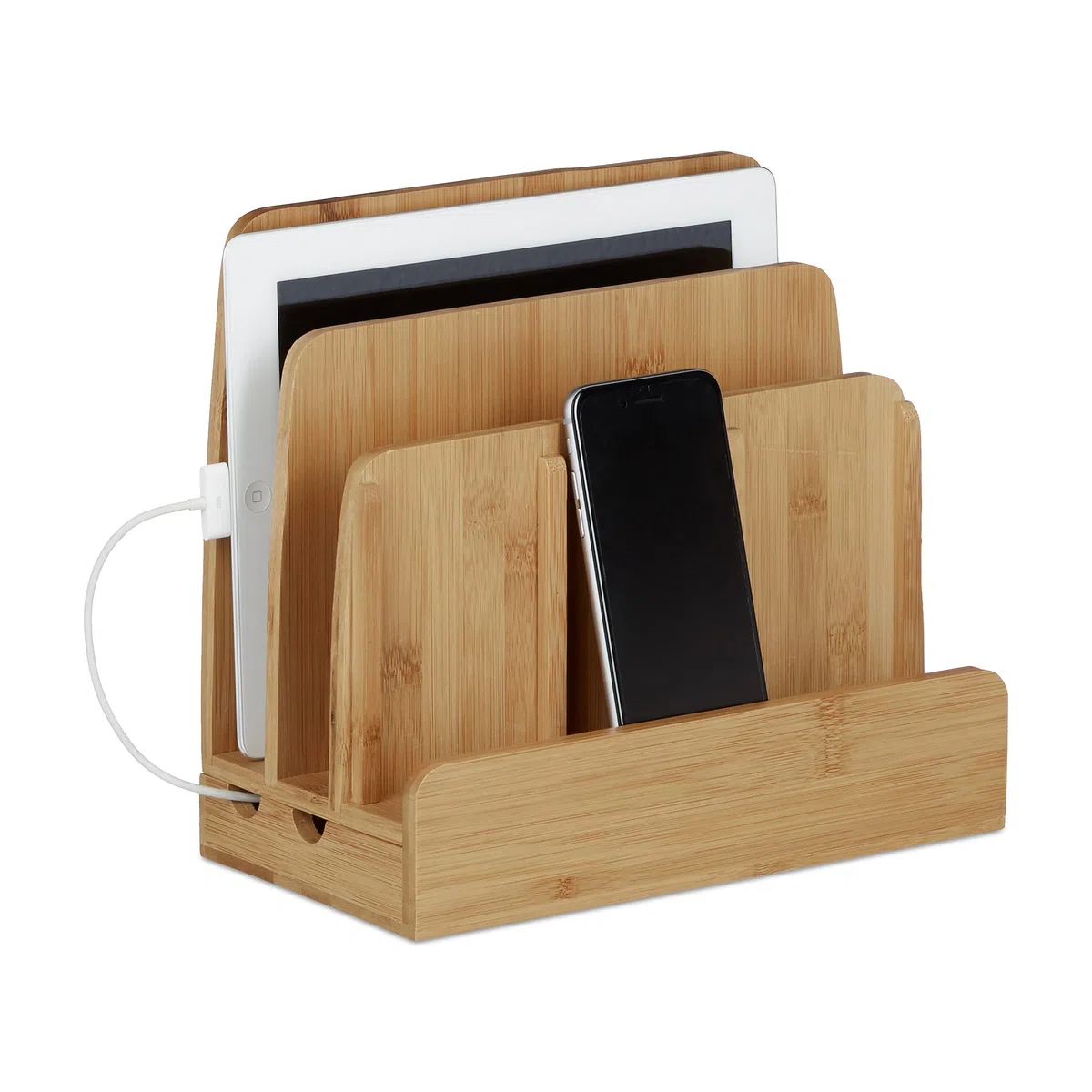 Set di 3 organizer da scrivania in bambù, con scomparto estraibile, stazione di ricarica per smartphone, vaschetta per lettere, colore naturale