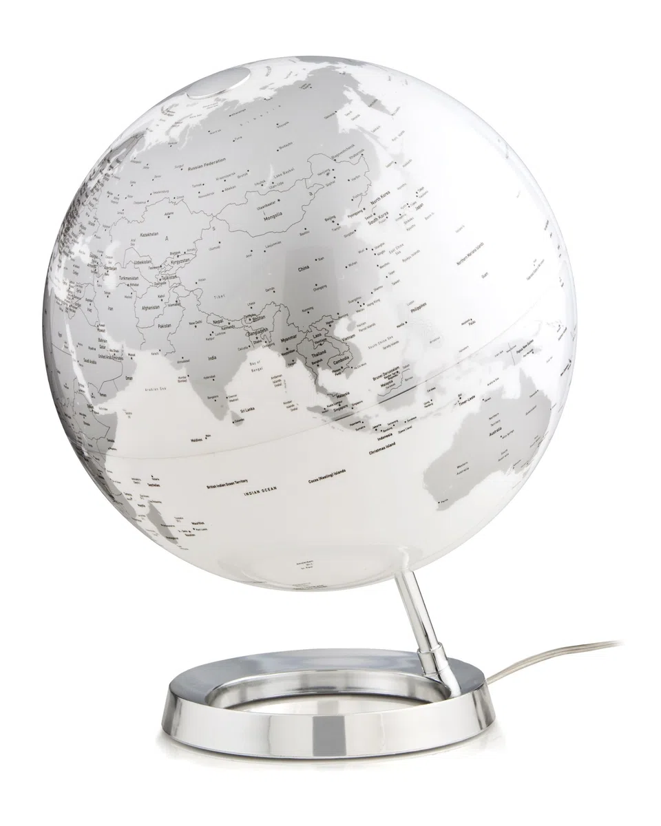 Tecnodidattica – Mappamondo Light&Colour Metal Chrome | Luminoso, girevole, con cartografia Politica aggiornata | Lampada di design | Diametro 30 cm