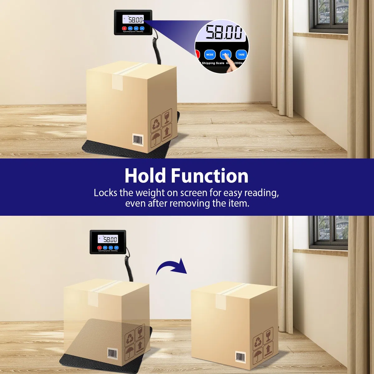 Bilancia Pesa Pacchi, 200kg Bilancia Postale, Bilancia Digitale con Hold e Funzione Tara per Negozio/Pacchi/Magazzino/Bagagli, alimentata a batterie e USB