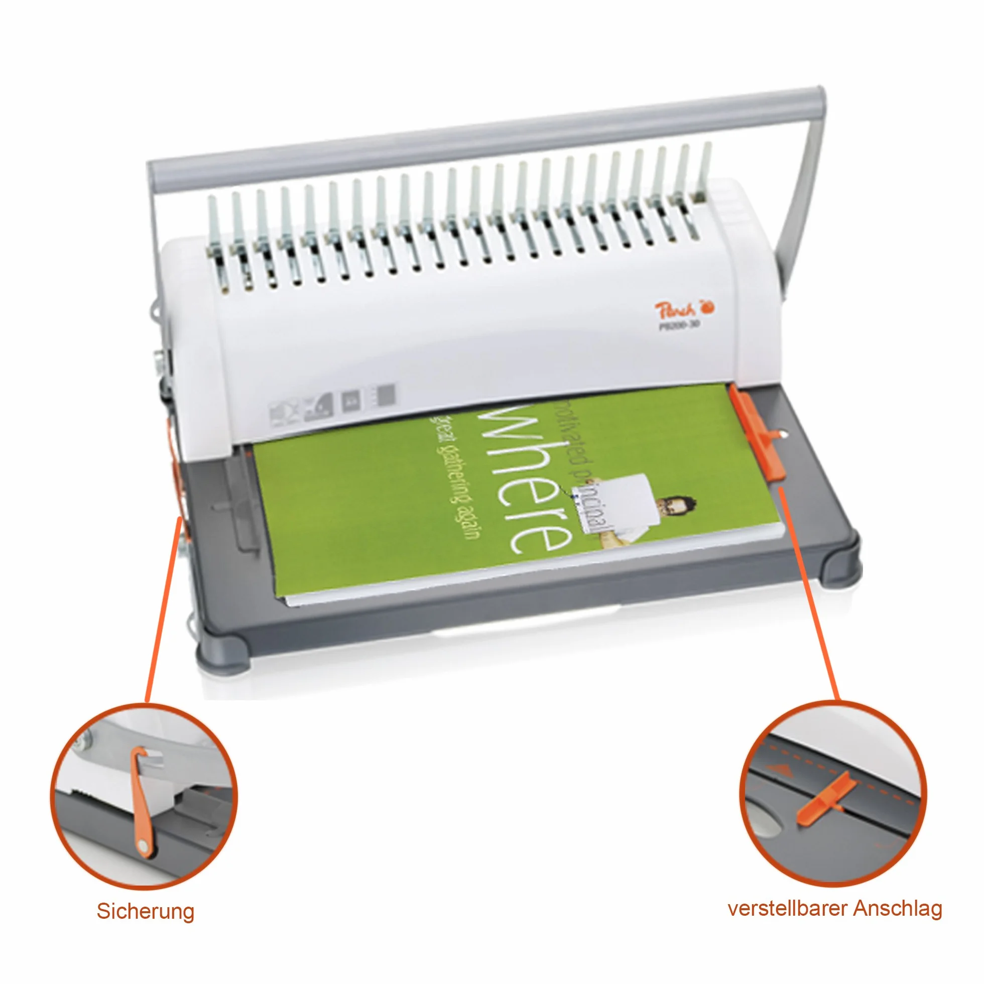 Peach, rilegatrice in plastica Star Binder Pro per DIN A4, PB200-30, prodotto vincitore per il rapporto qualità/prezzo*, rilega 350 fogli, massimo dorsi per rilegatura da 38 mm, capacità di perforazione di 12 fogli, con set iniziale da 15 pezzi