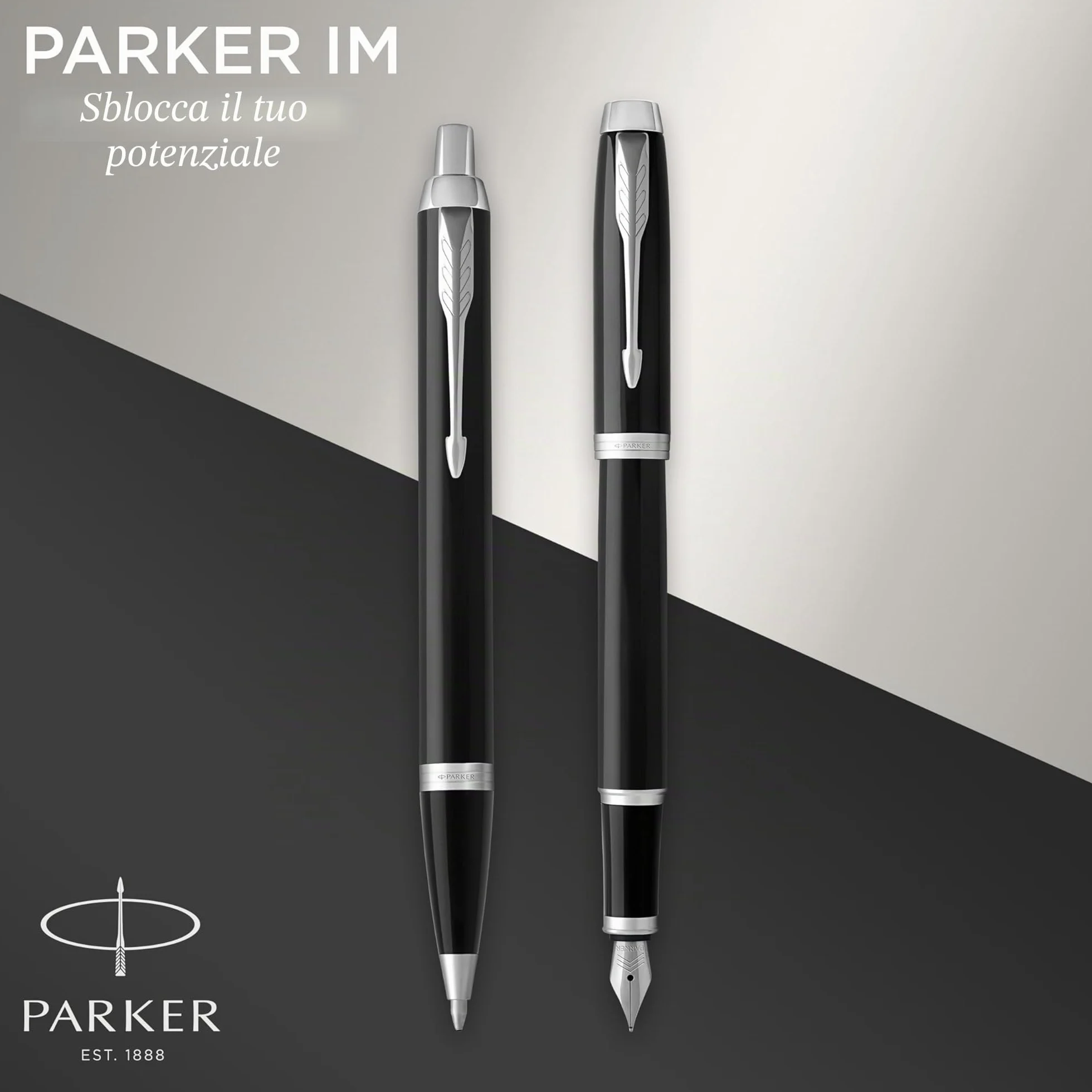 Parker IM Duo Pen Set Regalo - Piò stilografica e sfera, finitura laccata nera con finiture cromate, punta media, inchiostro blu