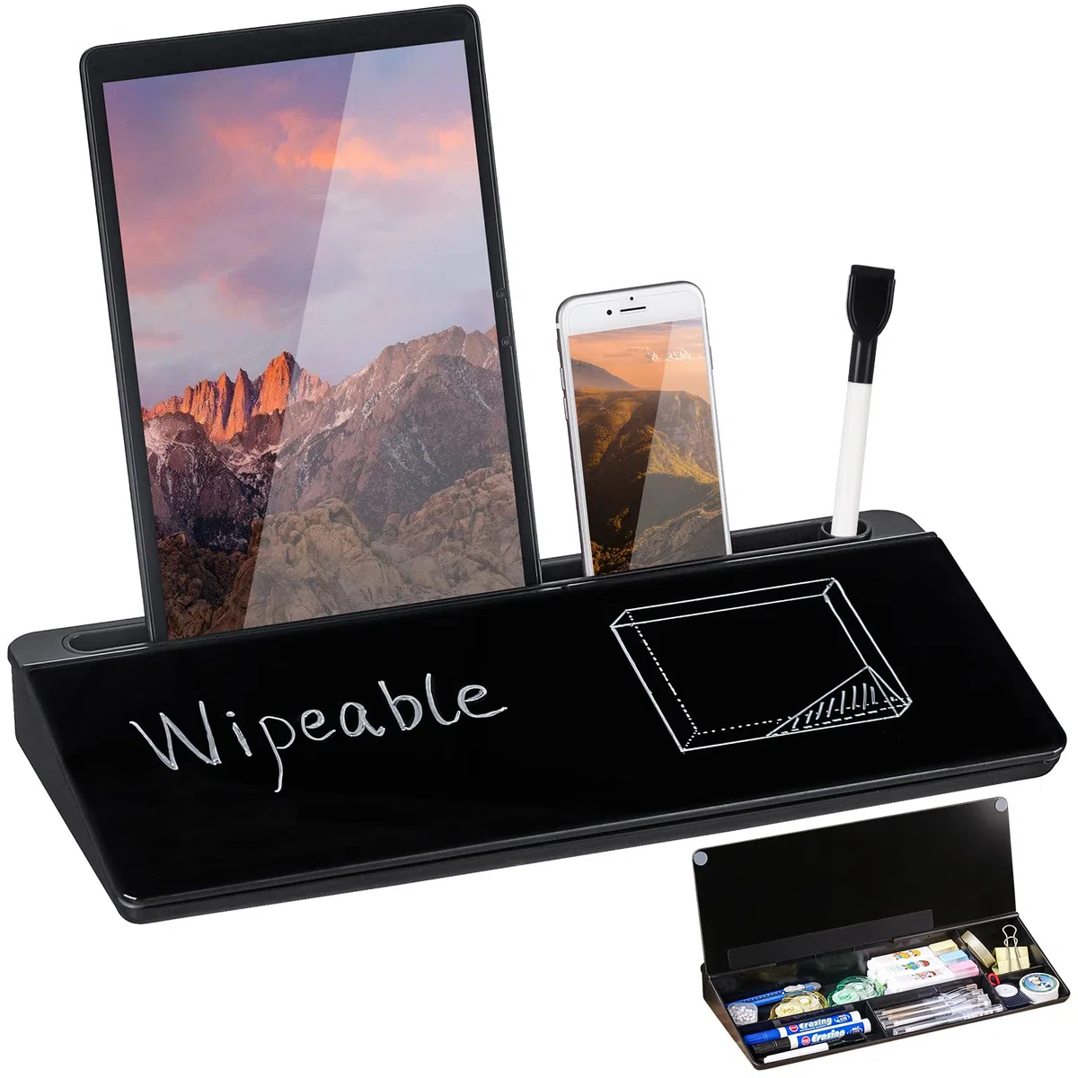DEWUR Lavagna in Vetro Nero, Lavagna Bianca da Scrivania Con Supporto per Telefono, Tablet e Tastiera - Organizer da Scrivania Con Accessori per Ufficio e Casa