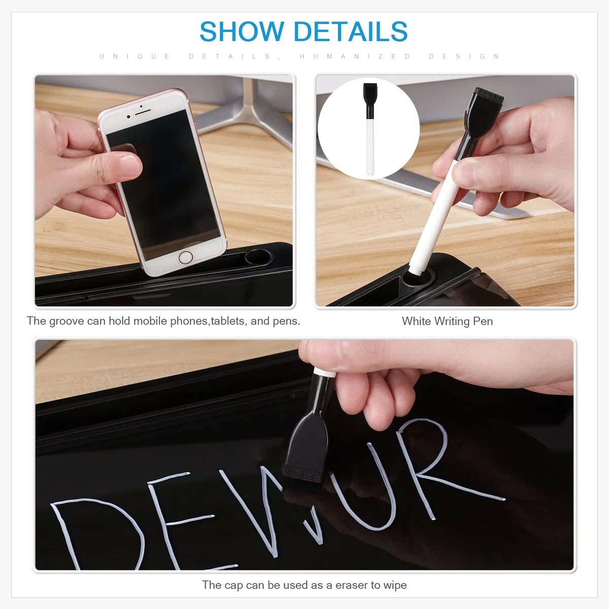DEWUR Lavagna in Vetro Nero, Lavagna Bianca da Scrivania Con Supporto per Telefono, Tablet e Tastiera - Organizer da Scrivania Con Accessori per Ufficio e Casa