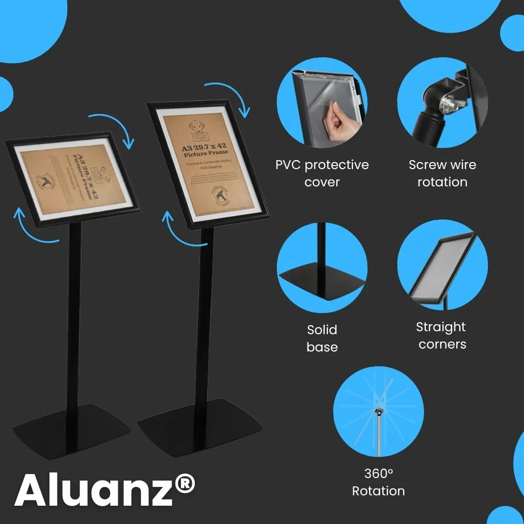 Supporto Informativo Nero - Espositore A3, Piantana in Alluminio, Supporto Girevole per Presentazioni, Porta Poster Verticale e Orizzontale, Porta Manifesti - 420 x 297 mm