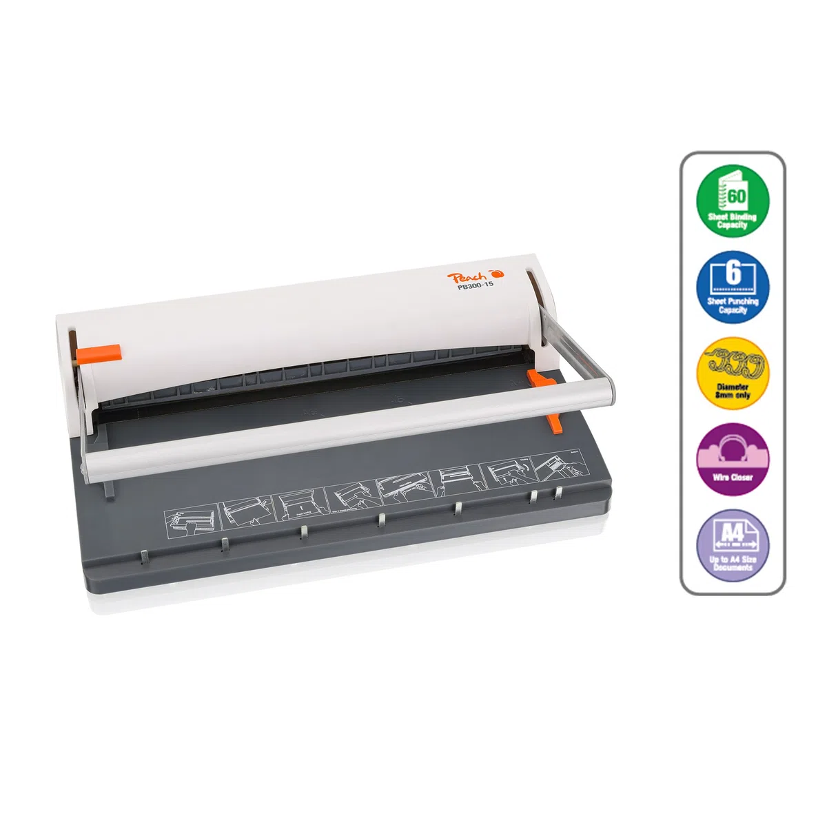 Peach PB300-15A Wire Binding Machine | Raccoglitore a filo personale più vicino DIN-A4 | Lega 60 lati | Include 34 pettini per rilegatura da 8 mm | Capacità di punzonatura di 6 fogli