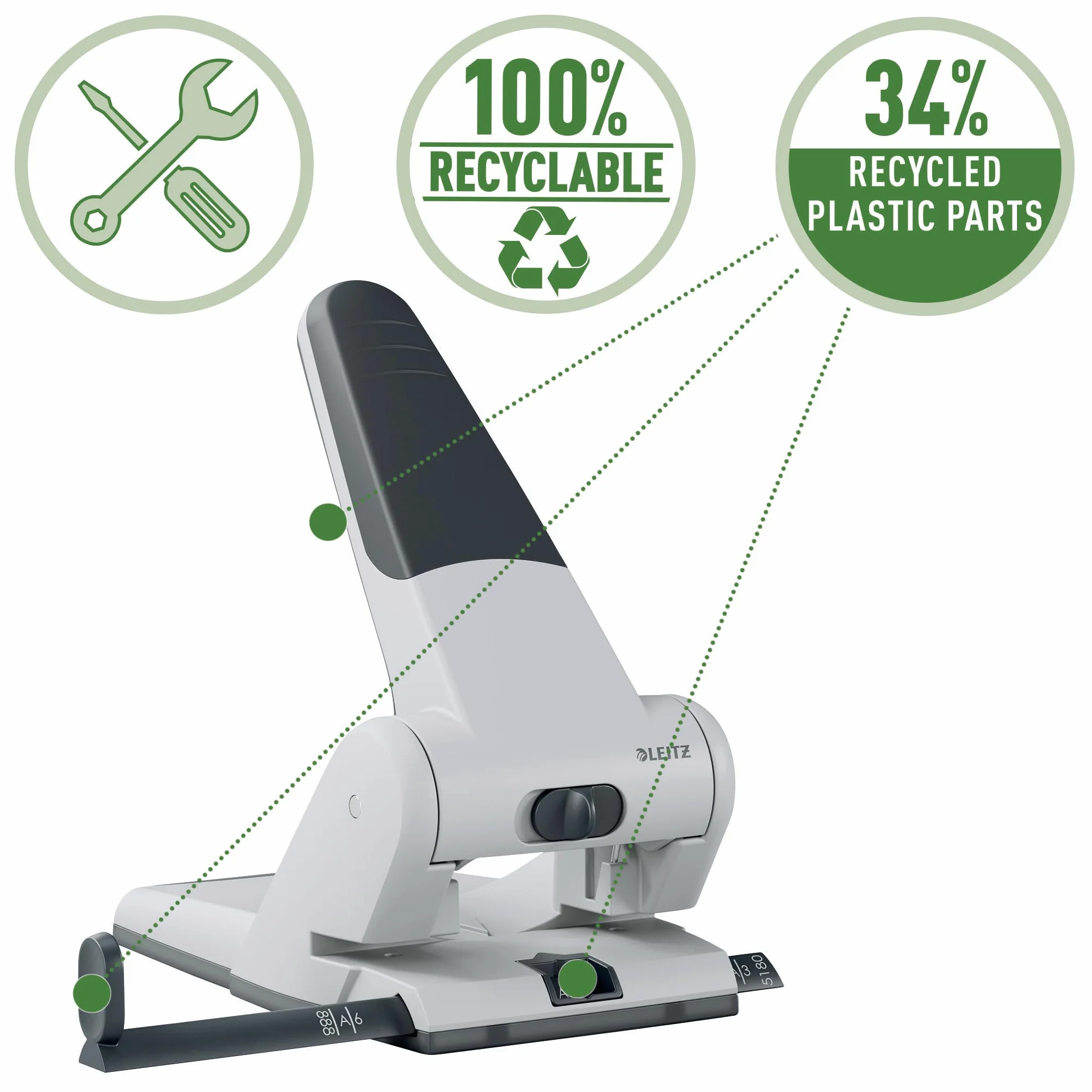 Leitz, Perforatore a 2 fori per casa e ufficio pratica e robusta con impugnatura antiscivolo, Fora fino a 65 fogli, Bucatrice da tavolo e scrivania con cassetto di raccolta inferiore, Nero, 51800095