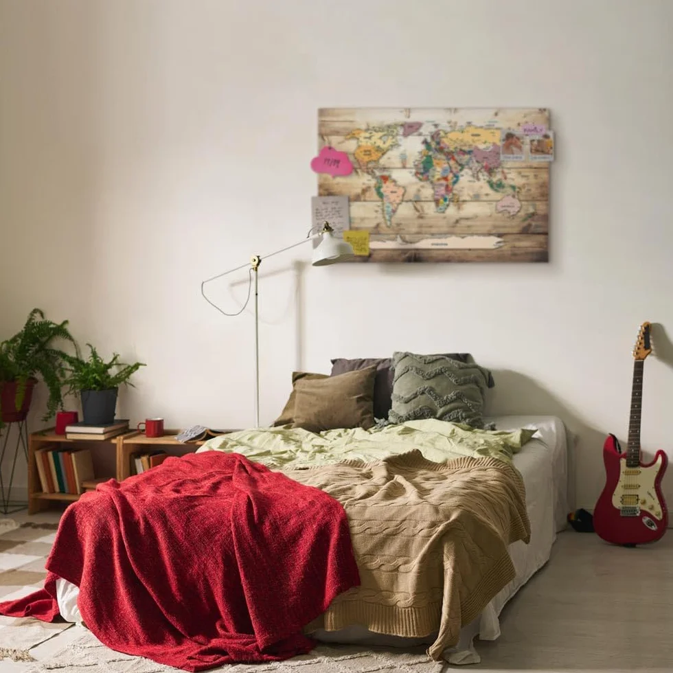 murando - Pannello di Fibra con Puntine - Mappamondo 120x80 cm 1 Pezzo - Bacheca & Quadro su tela in un uno - Decorativo per Parete - Lavagna Grande per le Note Ufficio - Planisfero k-C-0077-v-a