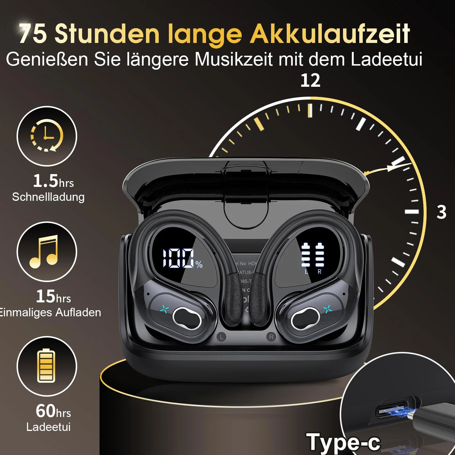 Cuffie Traduzione AI, Bluetooth 5.4 Traduttore Simultaneo Vocale in 164 lingue, 75 Ore Auricolari Traduttori Istantanei con 6 modalità di traduzione, Auricolare Design Aggancio all'Orecchio, Nero