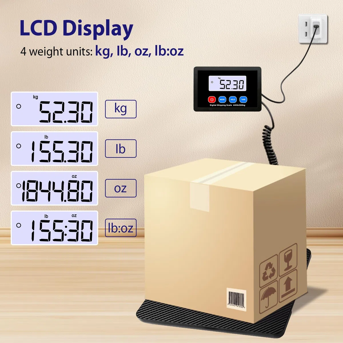 Bilancia Pesa Pacchi, 200kg Bilancia Postale, Bilancia Digitale con Hold e Funzione Tara per Negozio/Pacchi/Magazzino/Bagagli, alimentata a batterie e USB