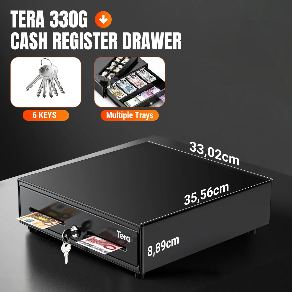 Tera 13" Cassetto Portadenaro 33,5 x 33 x 10,4 cm Apertura Automatica 4 Banconote 8 Monete Vassoio Portamonete Estraibile 6 Chiavi Interfaccia RJ12 12V Slot Media per POS Negozi 330G